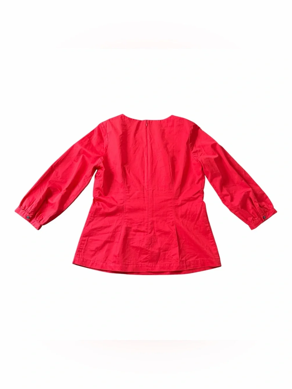 Boden Red Cotton Round Neck Puff 3/4 Sleeve Back Zip Peasant Blouse Women's 8